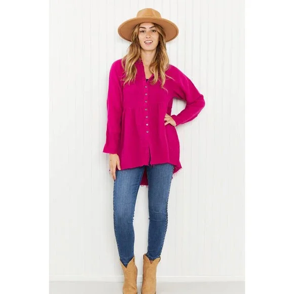 Hazel Blues Bright and Airy Raw Edge Peplum Shirt with Pockets - Picture 5 of 7